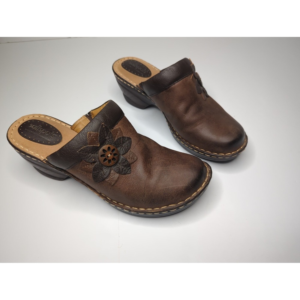 Vtg Softspots Brown Leather Clogs Mules Womens 11W Flower Chunky Y2K Boho Wedge